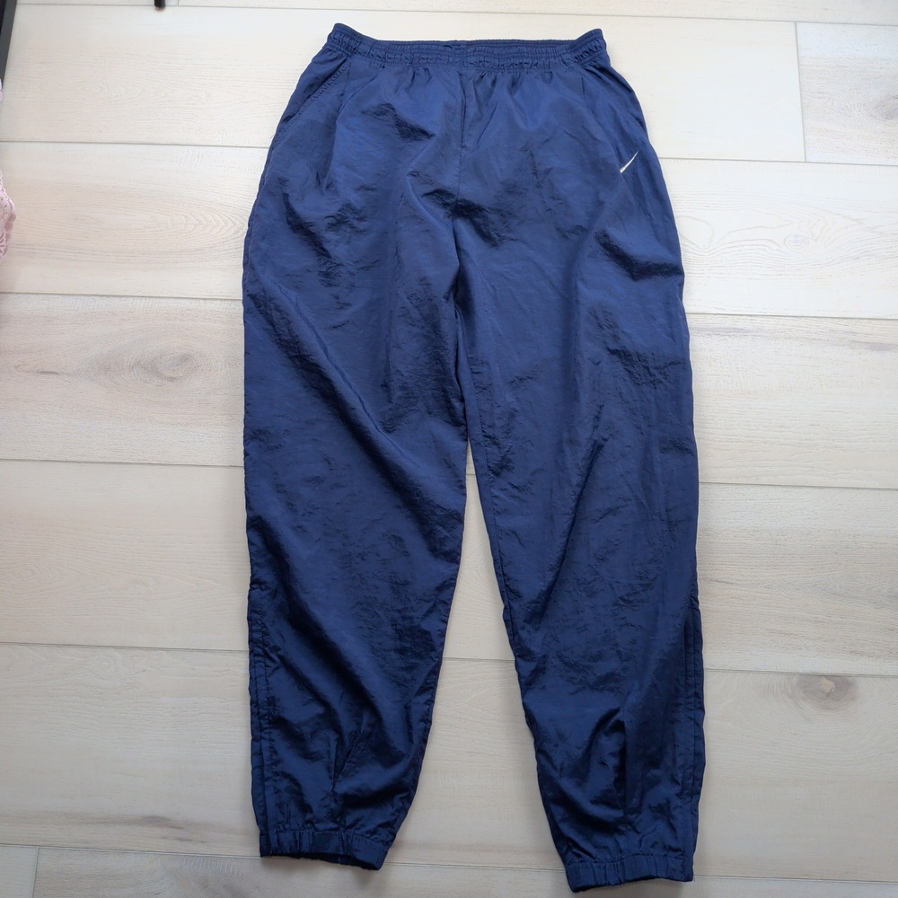 Vintage 90s Nike Men XL Navy Blue Nylon Windbreaker Track Pants Swoosh Ankle Zip